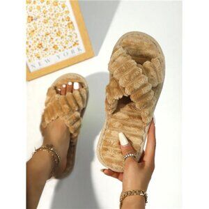 Fashionable Cross Strap Brown Plush Fluffy Slippers, Soft And Comfortable